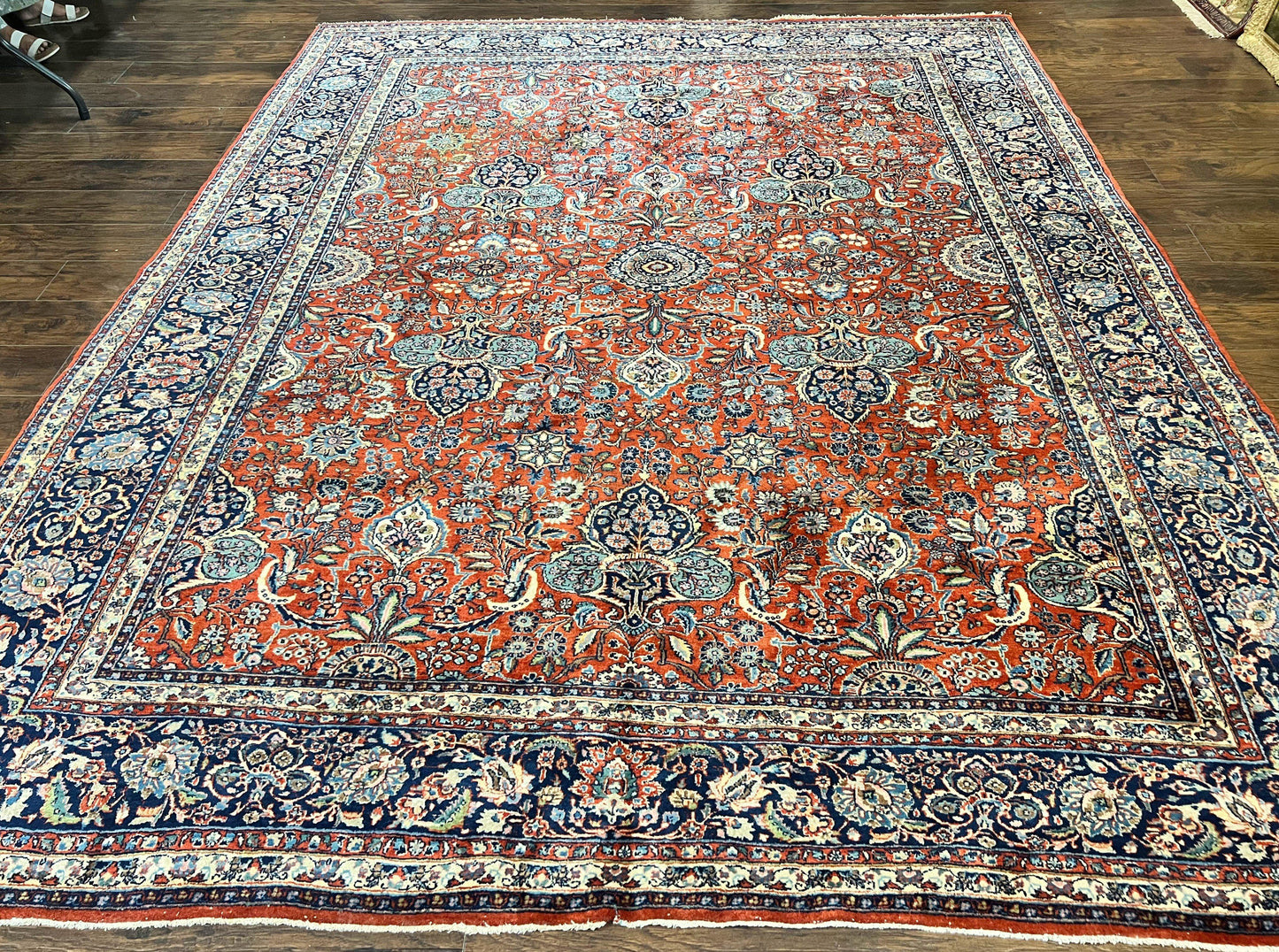 Persian Sarouk Rug 9x12 Handmade Wool Qazvin Antique Carpet Red And Dark Blue Floral Allover