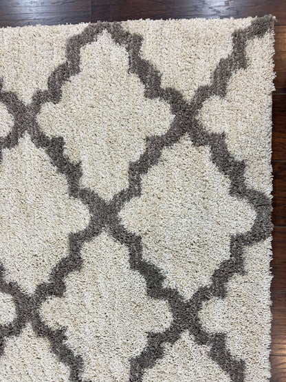 Modern Shag Rug Ivory and Gray Diamond Panel Design Room Sized Area Rug