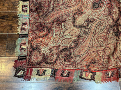 Antique Kashmiri Shawl Handwoven Wool Needlework Signed By Masterweaver Rare