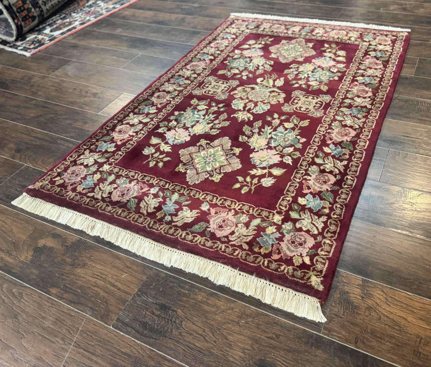 Indo Persian Kerman Rug 4x6 Vintage Hand Knotted Wool Floral Burgundy Elegant Home Decor