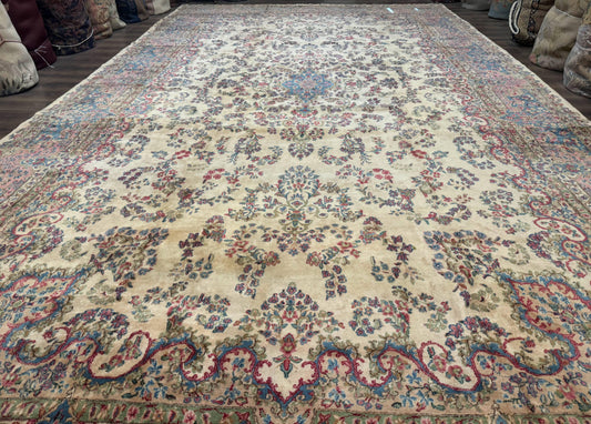 Palace Size Persian Kerman Rug 11x20 ft, Very Fine 340 KPSI, Vintage Oversized Wool Handmade Large Persian Carpet, Beige Light Blue Pink