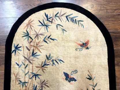 Antique Chinese Wool Rug Oval 3.9x6.7 Handmade Peking Carpet Floral Butterflies Beige