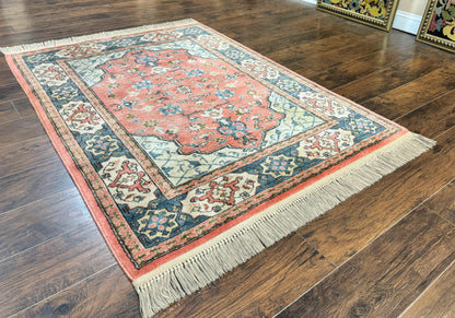 Karastan Rug 4x6 Bergama Design #737, Karastan Area Rug, Vintage Wool Karastan Carpet, Original Collection 700 Series, Salmon Red Light Blue