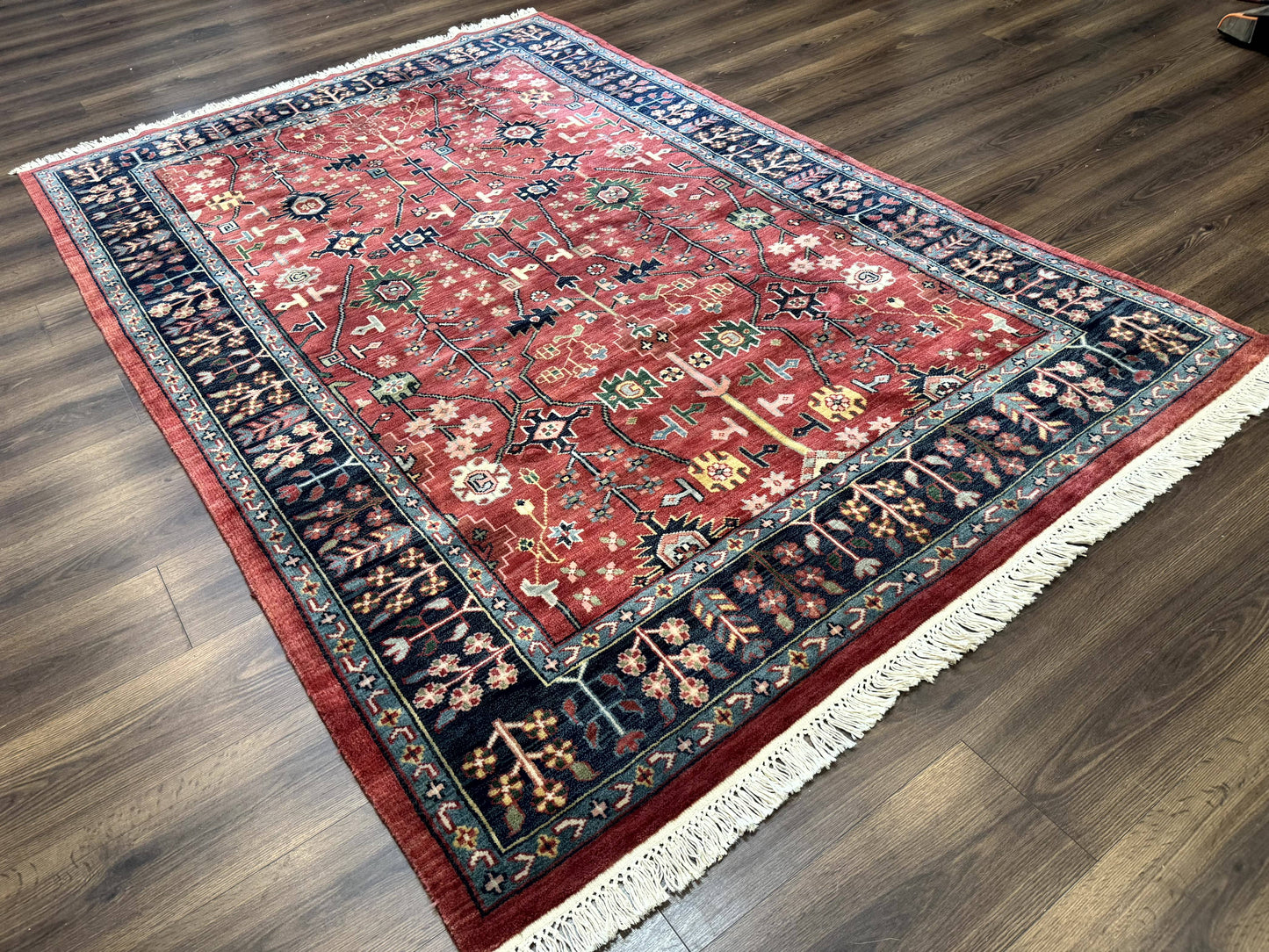 Indo Persian Heriz Serapi Rug 6x8 Handmade Wool Allover Pattern In Rust Red And Navy Blue