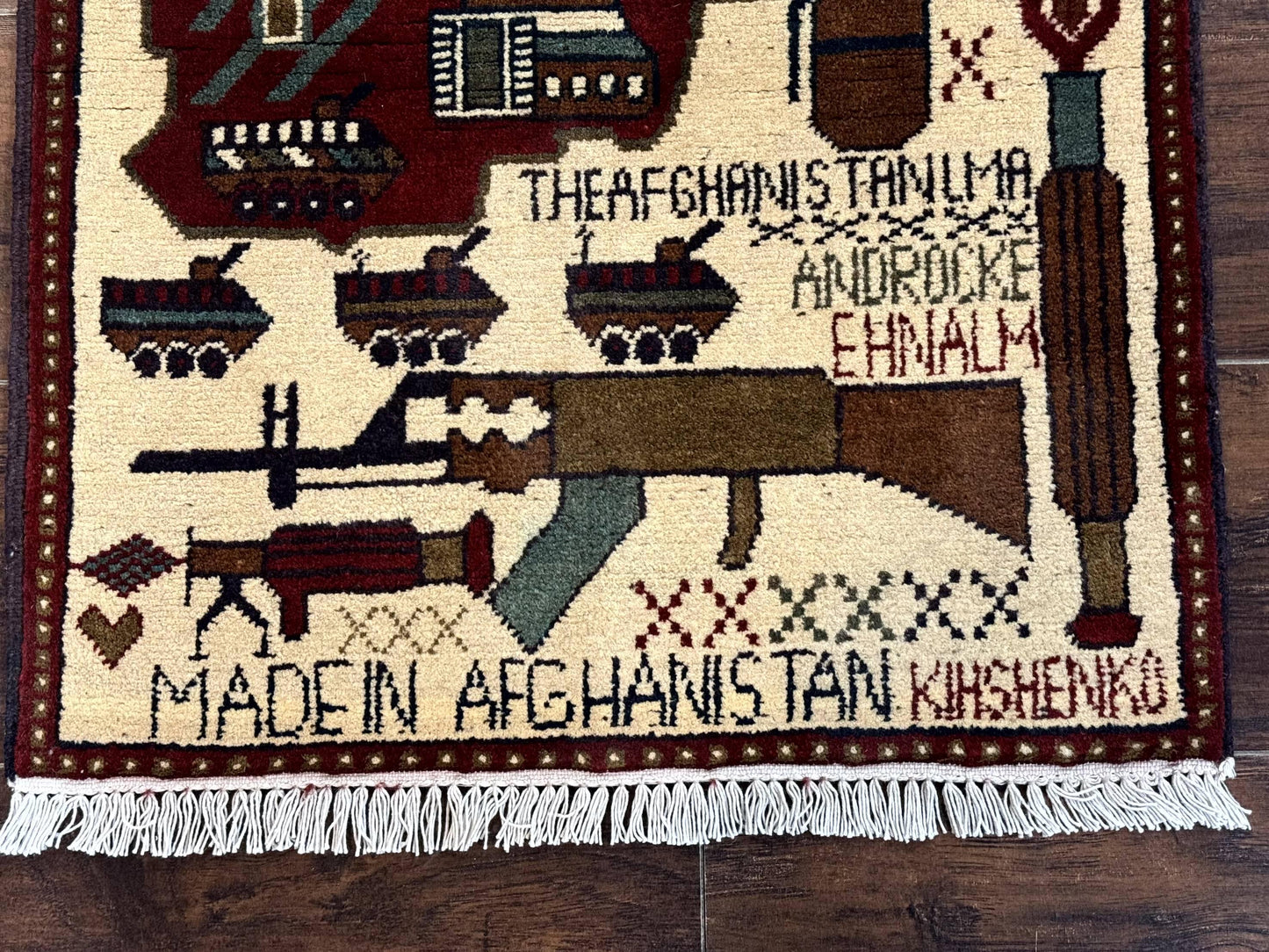 Afghan War Rug Hand Knotted Wool 2 X 2.6 Military Scene With Guns Tanks Helicopters