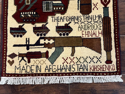 Afghan War Rug Hand Knotted Wool 2 X 2.6 Military Scene With Guns Tanks Helicopters