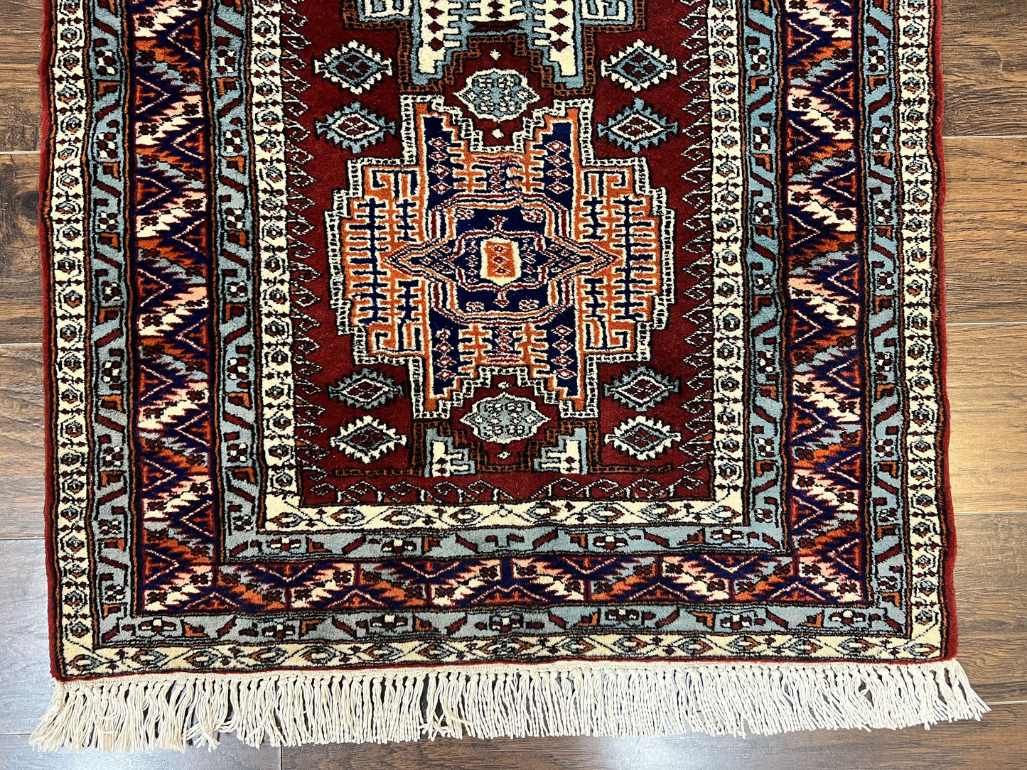 Kazak Rug Vintage Handmade Wool 3x5 Ft Pakistani Geometric Dark Red Oriental Carpet