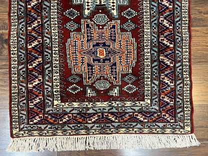 Kazak Rug Vintage Handmade Wool 3x5 Ft Pakistani Geometric Dark Red Oriental Carpet