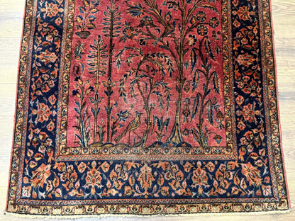 Antique Persian Tree of Life Rug 3x5, Manchester Wool, Bird Pictorials, Fine 240 KPSI, Red Navy Blue