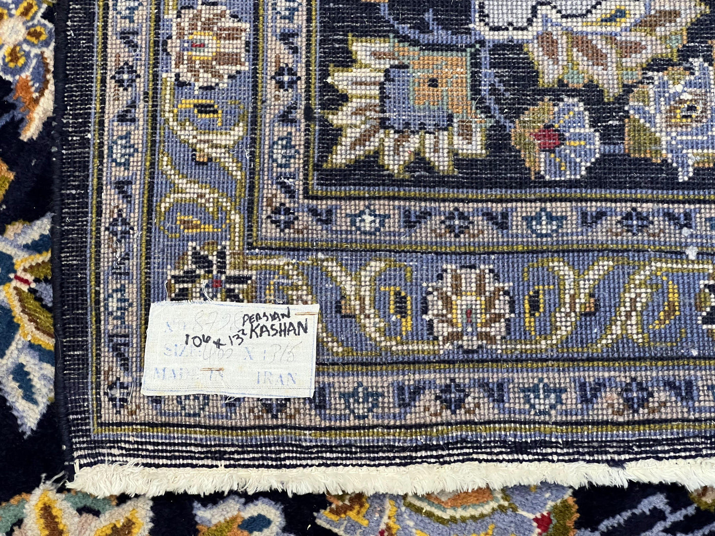 Wonderful Navy Blue Persian Kashan Rug 11x13, Allover Floral Design with Central Medallion, Wool Hand-Knotted Antique Carpet, Signed Rabani Rug