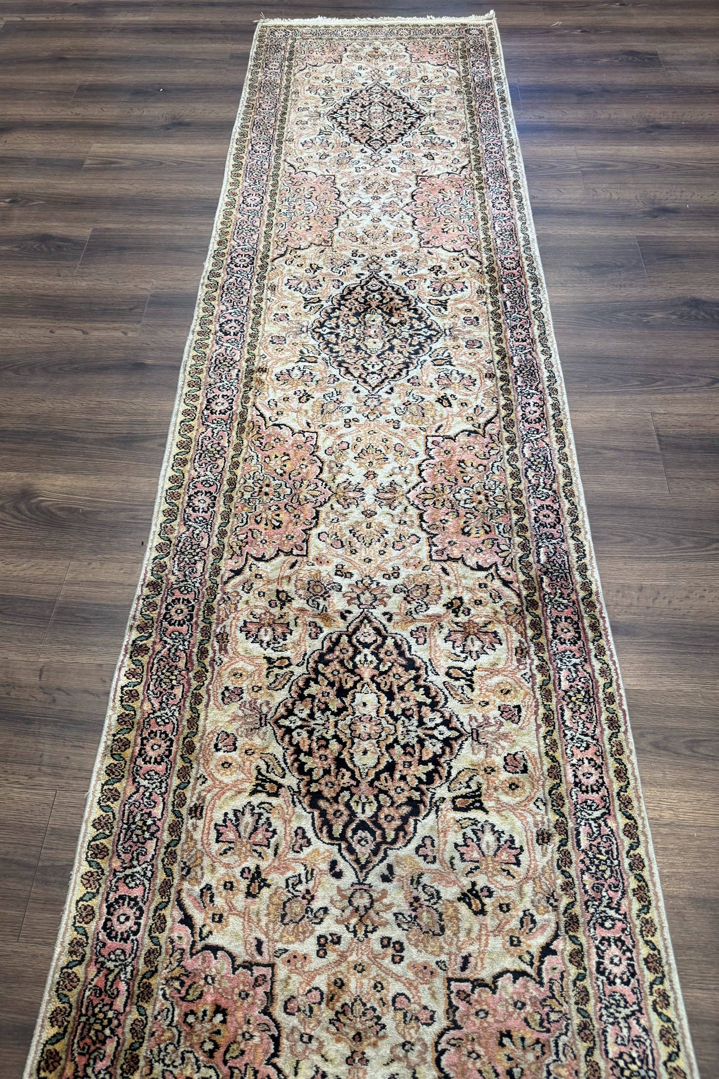 Silk Indian Kashmiri Runner Rug 2.7 x 9.8, Floral Medallions