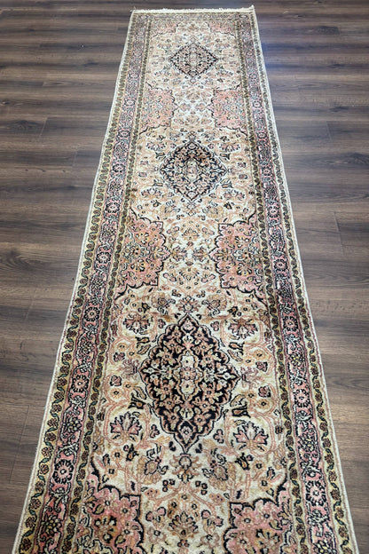 Silk Indian Kashmiri Runner Rug 2.7 x 9.8, Floral Medallions