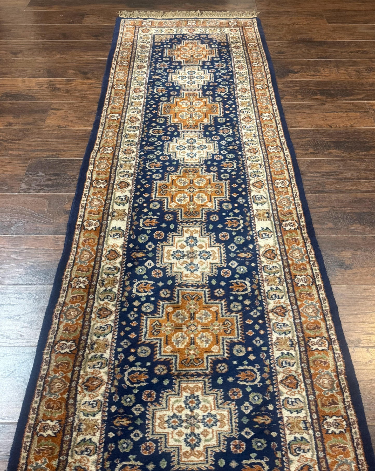 Indo Persian Runner Rug 2.6 x 12.7, Indian Kashmiri Runner for Hallway or Kitchen, Navy Blue, Geometric Medallions, Handmade Wool