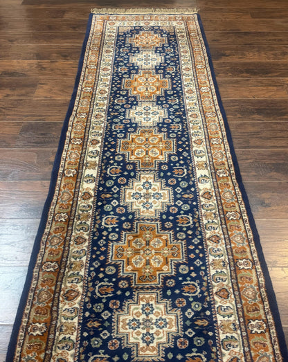 Indo Persian Runner Rug 2.6 x 12.7, Indian Kashmiri Runner for Hallway or Kitchen, Navy Blue, Geometric Medallions, Handmade Wool