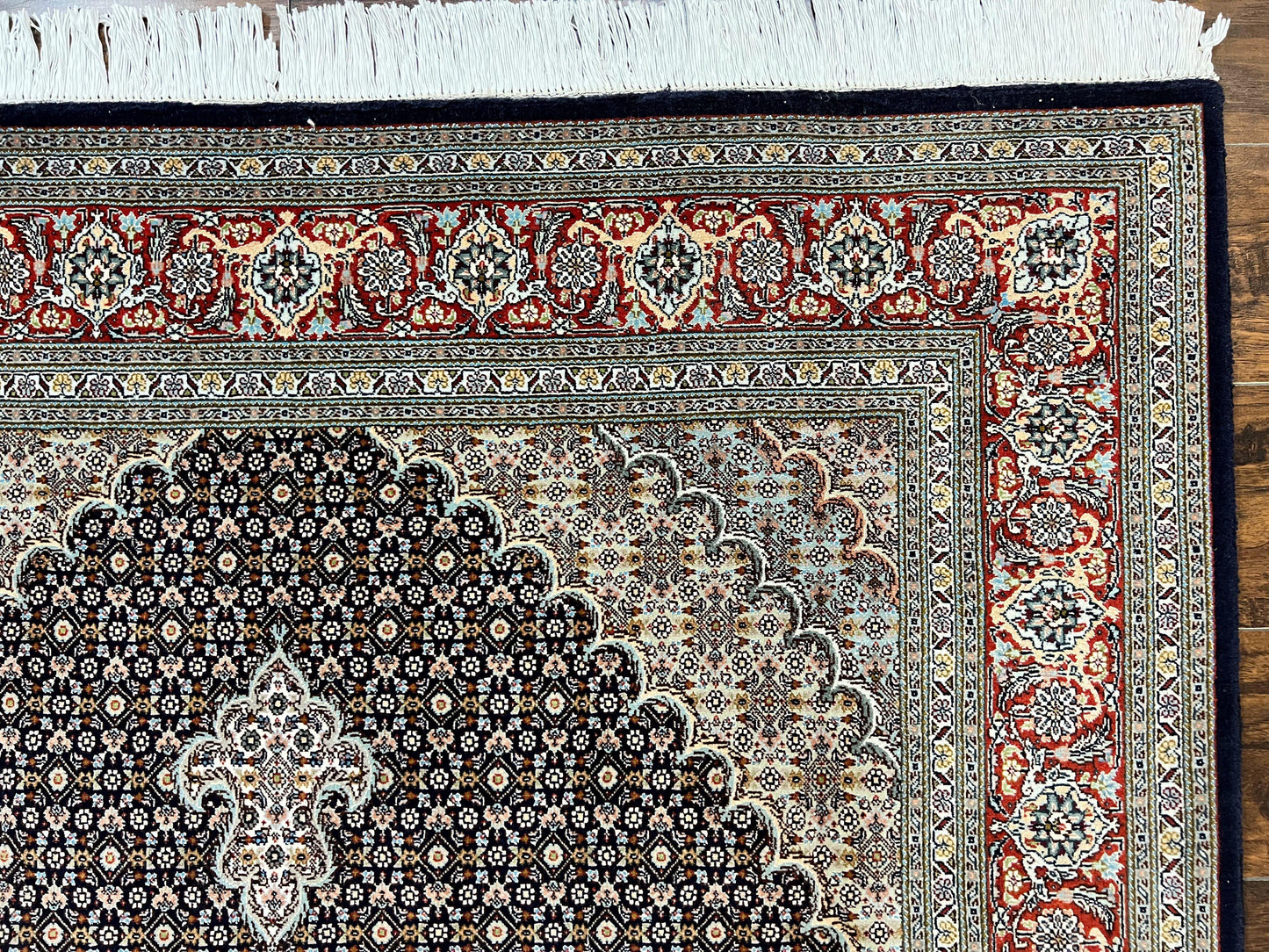 Persian Tabriz Rug 5x7, Wool with Silk Highlights, Hand Knotted Vintage Oriental Carpet, Very Fine, Herati Mahi Pattern, Black, Rare