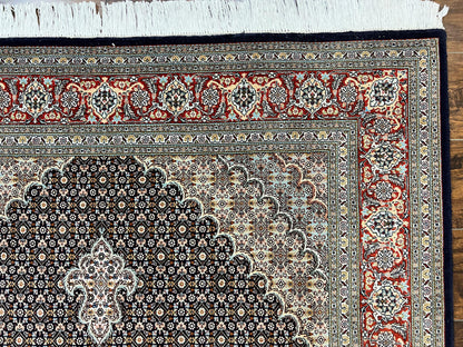 Persian Tabriz Rug 5x7, Wool with Silk Highlights, Hand Knotted Vintage Oriental Carpet, Very Fine, Herati Mahi Pattern, Black, Rare