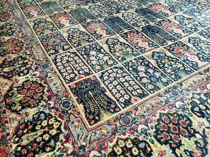 Persian Rug 10x15 Hand Knotted Wool Carpet Vintage Kirman Yazd Floral Dark Blue Beige