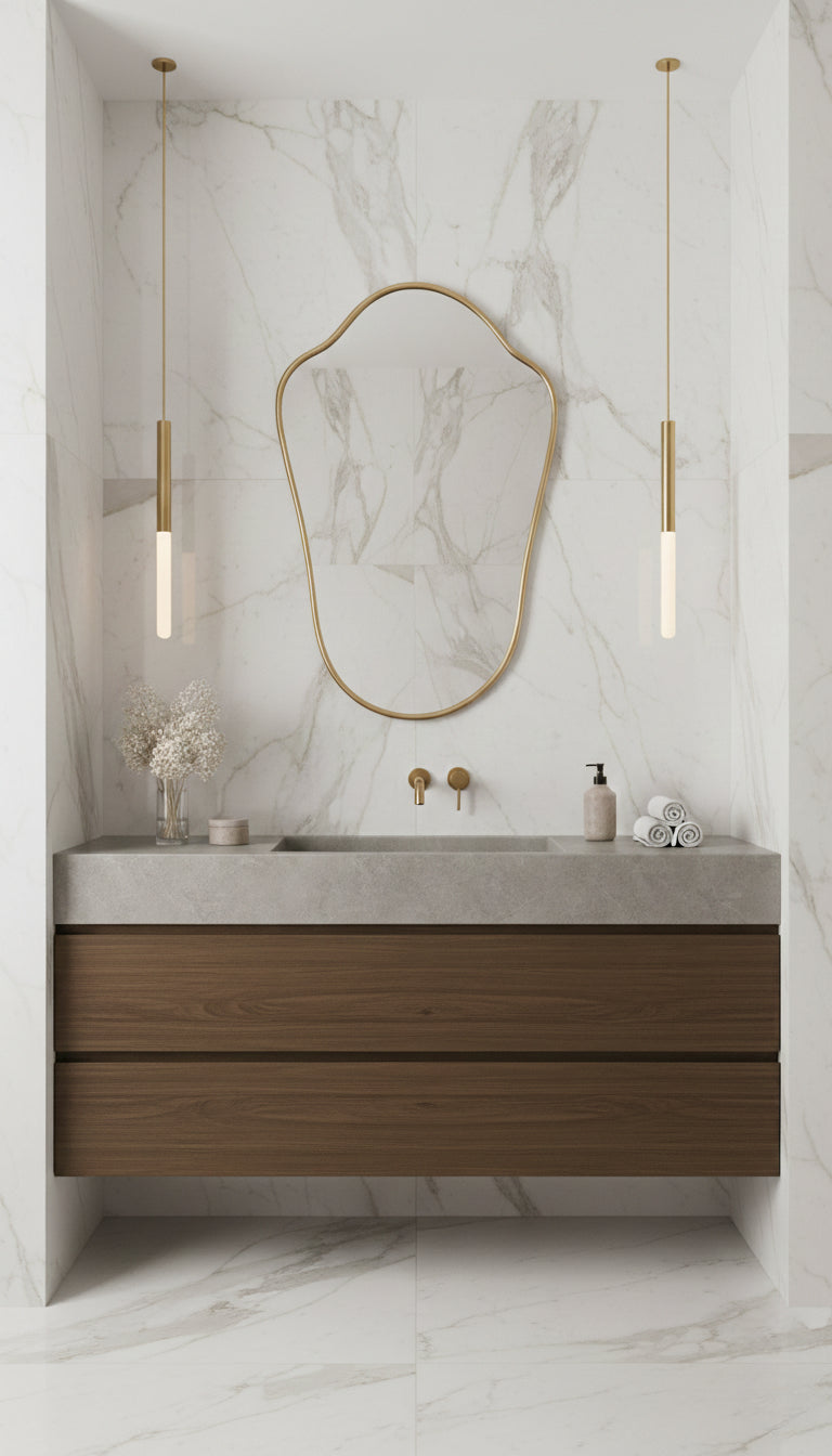 Shield brass mirror in warm minimalist bathroom 