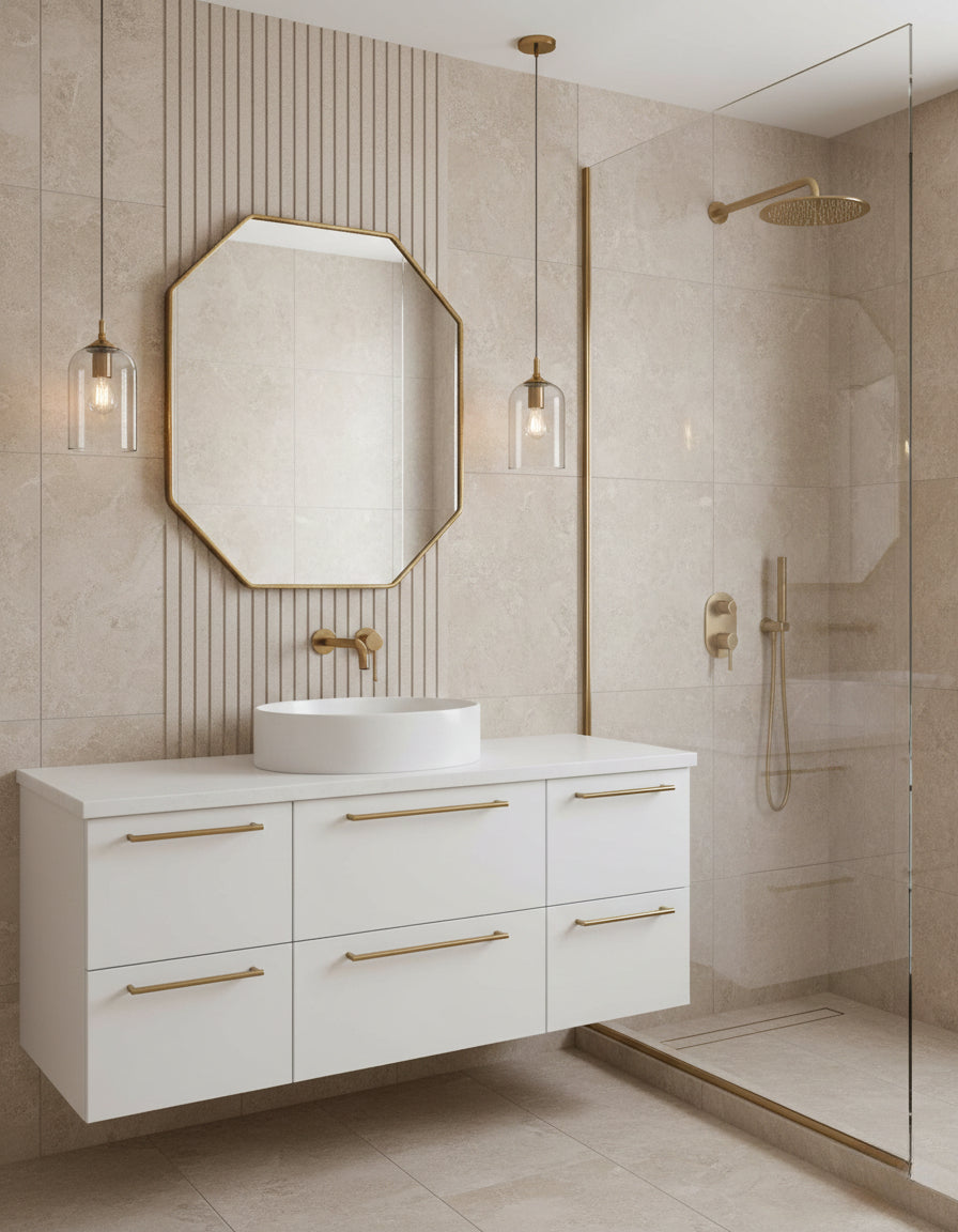 Octagon brass mirror above white floating vanity with glass shower.