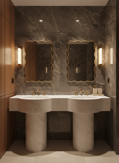 Pair of scalloped brass mirrors above double marble pedestal sinks