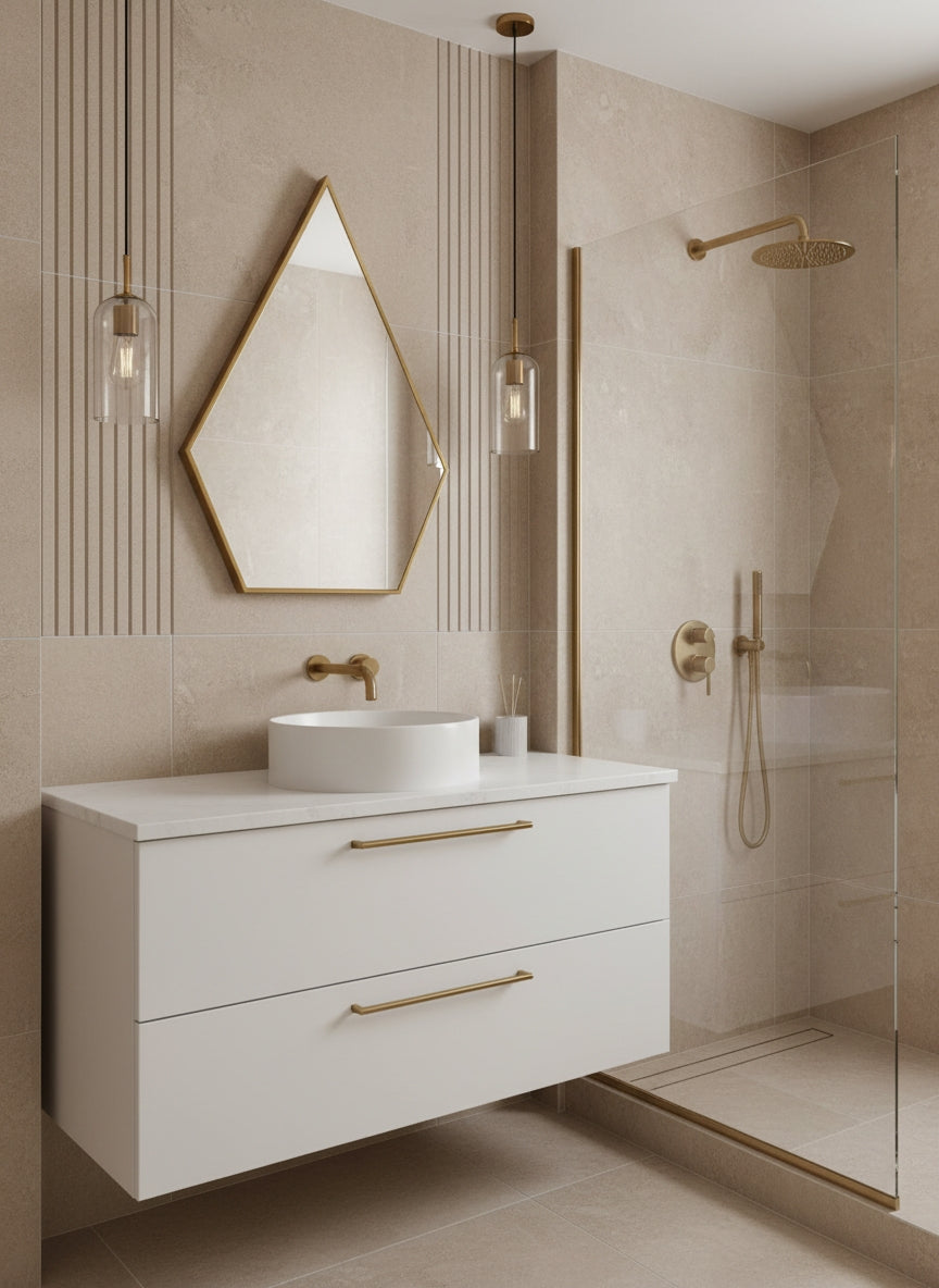 Geometric brass mirror above modern bathroom vanity