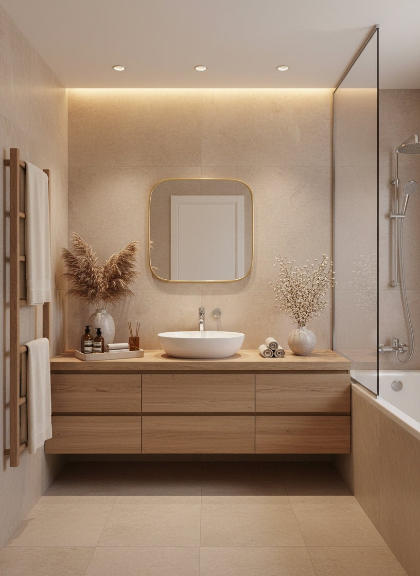 Square brass mirror above wooden vanity