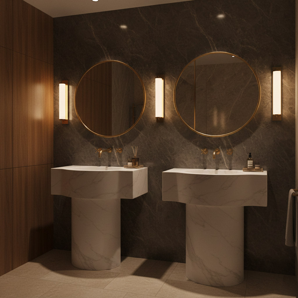 Double round brass mirrors over marble pedestal sinks
