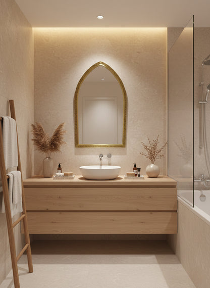 Arch brass mirror above wooden vanity