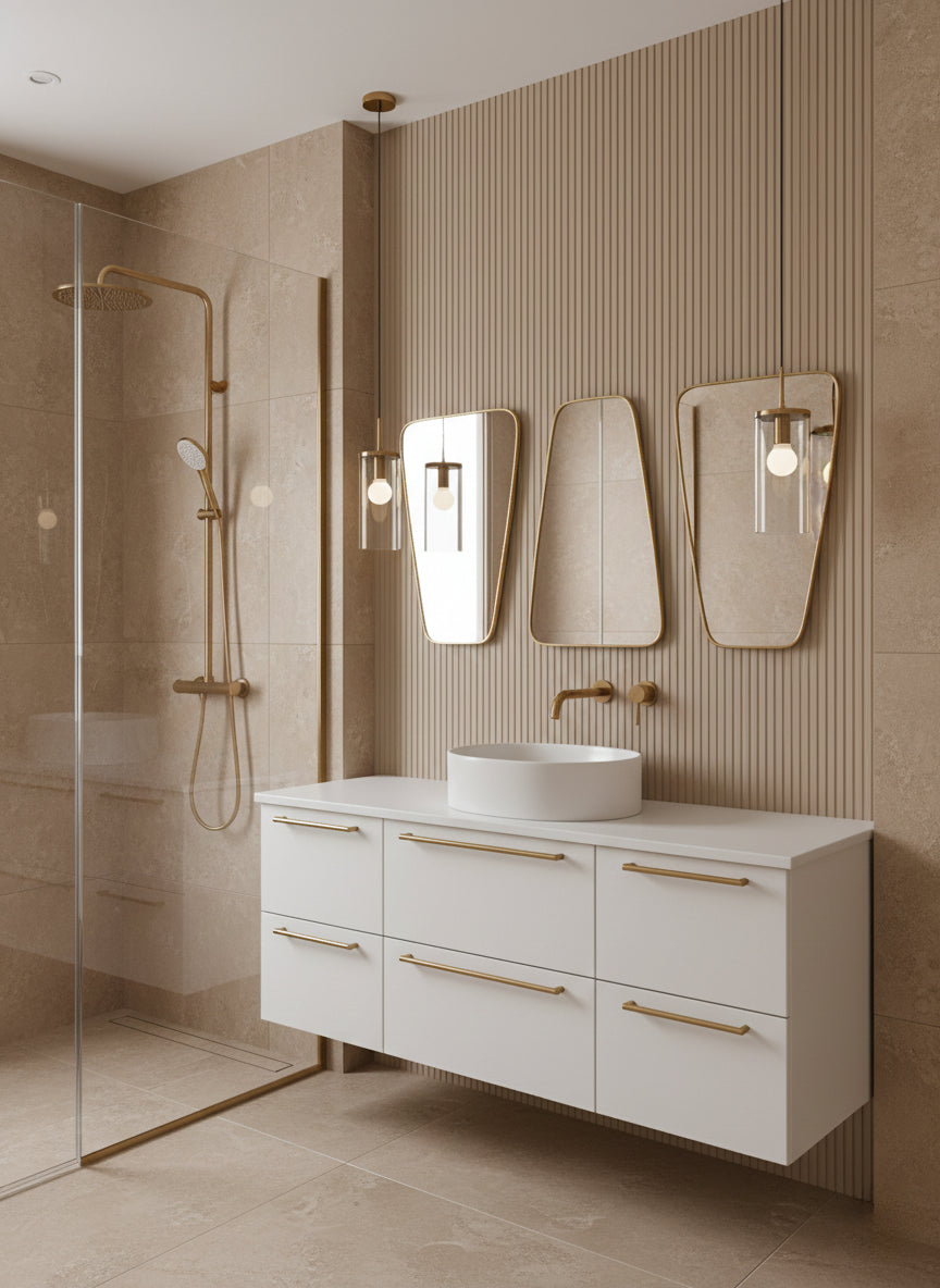 Brass mirrors in modern bathroom