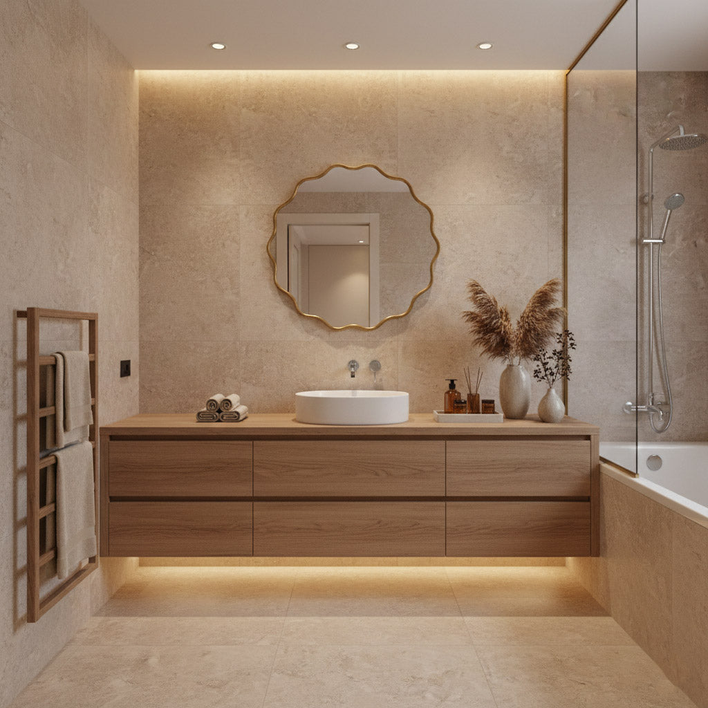 Round wavy brass wall mirror above wooden floating vanity in beige bathroom.