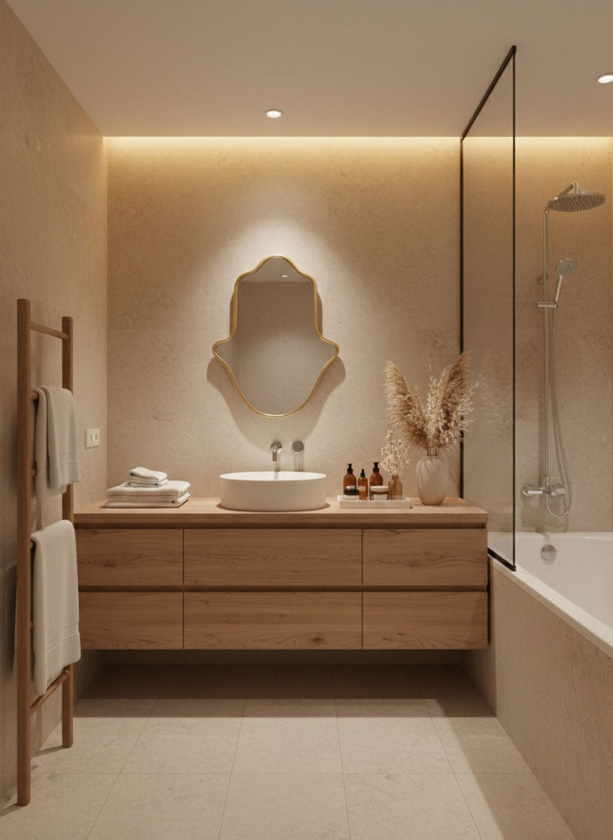 Gold brass Hamsa mirror above warm wood bathroom vanity.