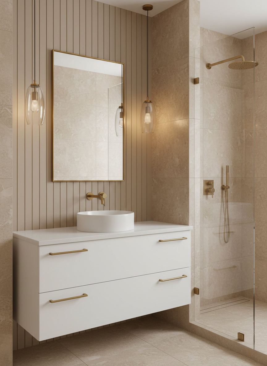 Triangle brass mirror above modern bathroom vanity