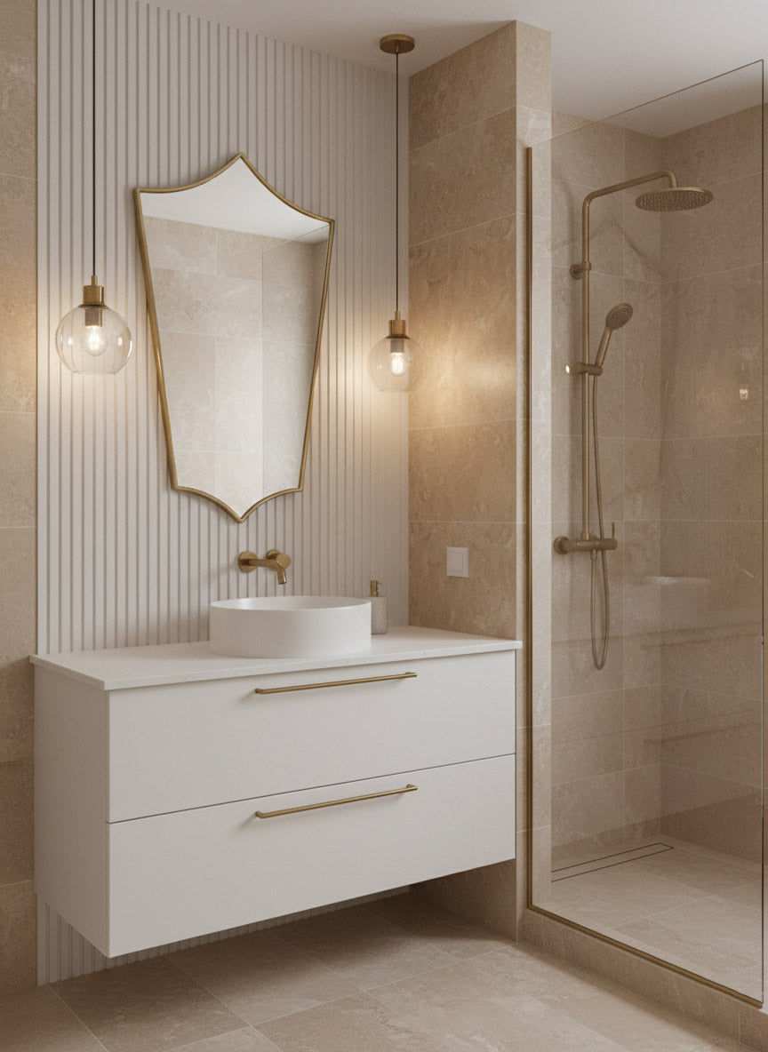 Shield brass vanity mirror in beige modern bathroom interior