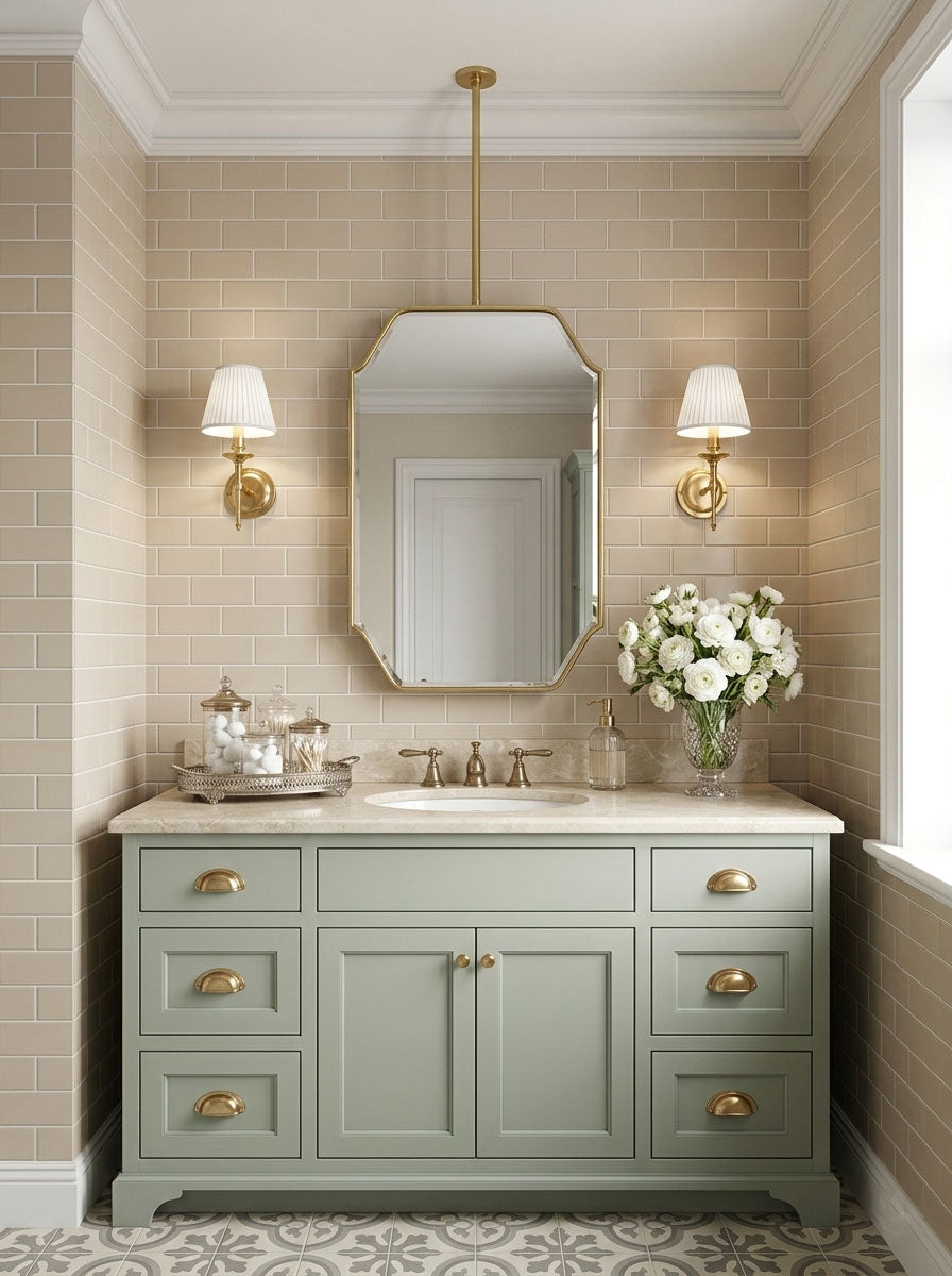 Art deco brass mirror mounted from ceiling above sage green vanity and tiled wall.