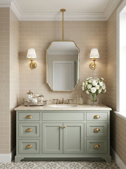 Art deco brass mirror mounted from ceiling above sage green vanity and tiled wall.
