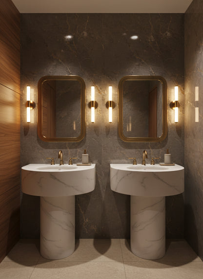 Pair of rectangular brass mirrors in a luxury double-sink marble bathroom
