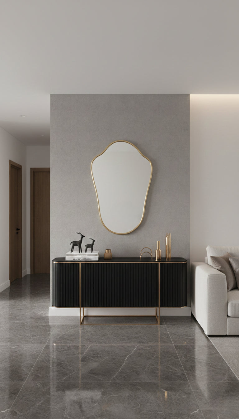 Shield-shaped brass mirror styled above modern console table