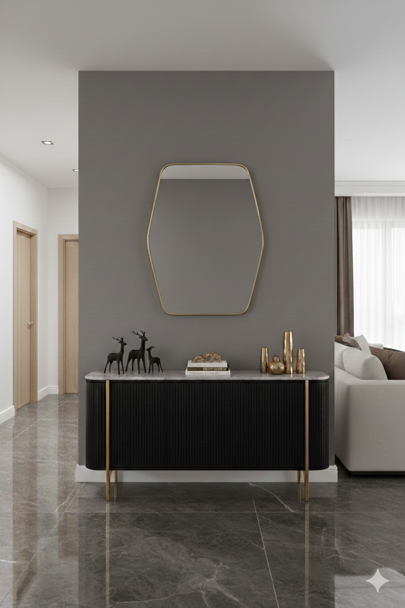 Hexagonal brass mirror styled above console table in modern entryway
