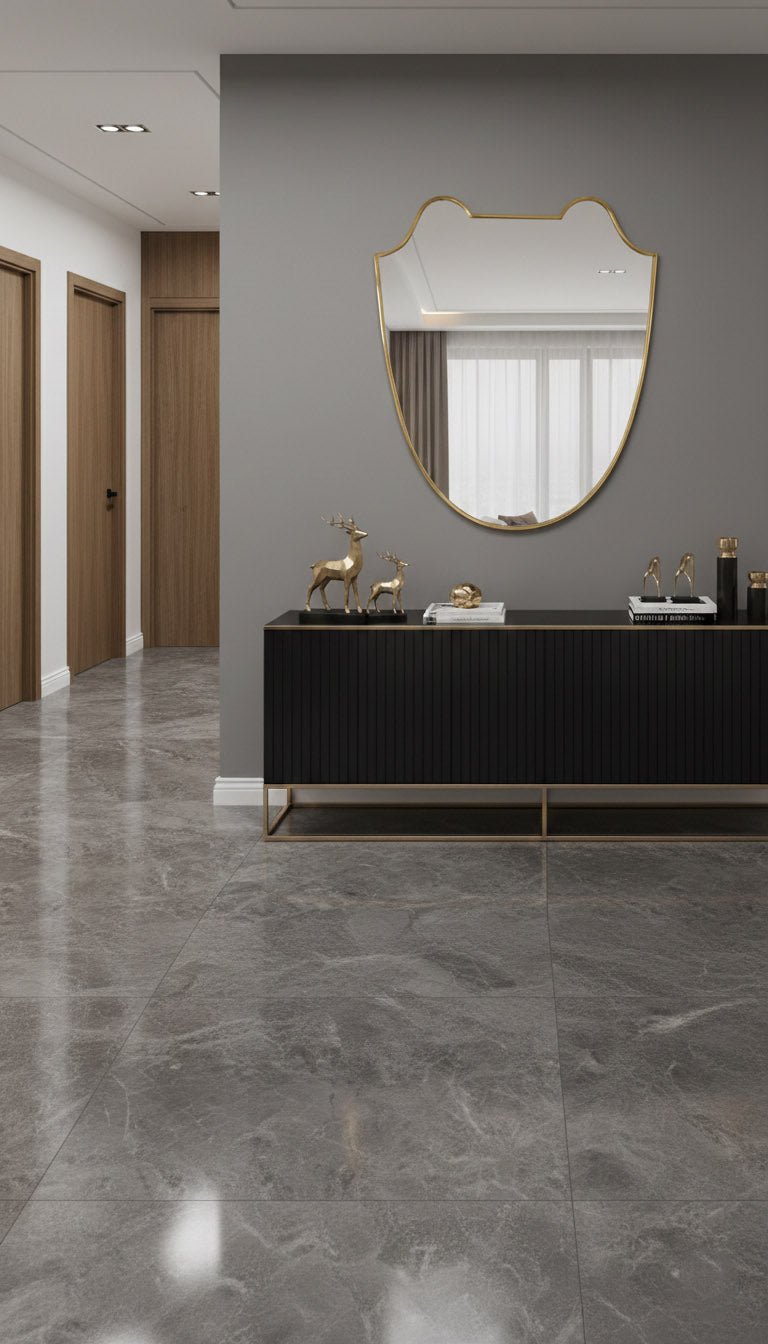 Italian shield brass mirror above black console in modern hallway.

