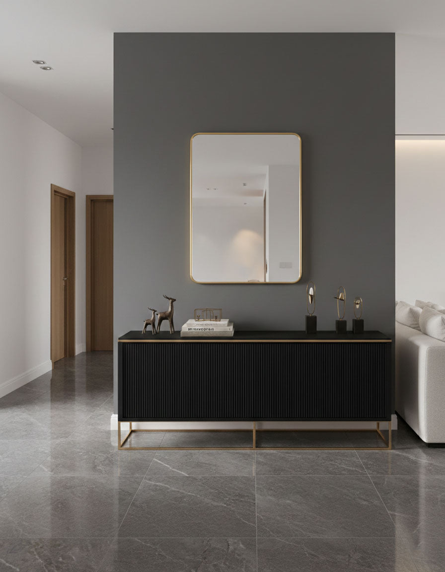 Rounded corner brass vanity mirror