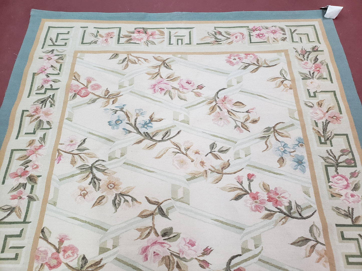 Vintage Aubusson Area Rug, Aubusson Flat weave Carpet, Floral Geometric Pattern, Beige Teal Green, 4x6 Rug, European Design