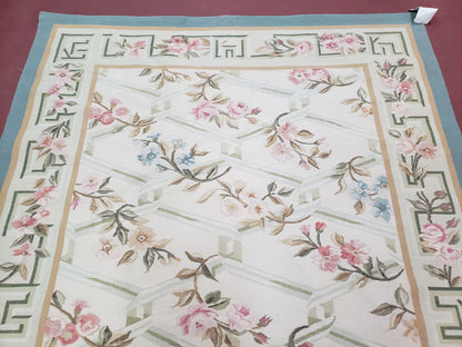 Vintage Aubusson Area Rug, Aubusson Flat weave Carpet, Floral Geometric Pattern, Beige Teal Green, 4x6 Rug, European Design