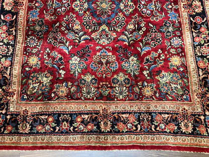 Rare Persian Almost Square Rug 6.3 x 5.3, Hand Knotted Wool Antique 1920s Sarouk Oriental Carpet, Red Navy Blue Beige, Floral Allover, 5x6 Area Rug
