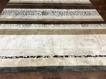 Tibetan Nepali Rug Handmade Wool With Silk Highlights And Stripe Pattern 8x12