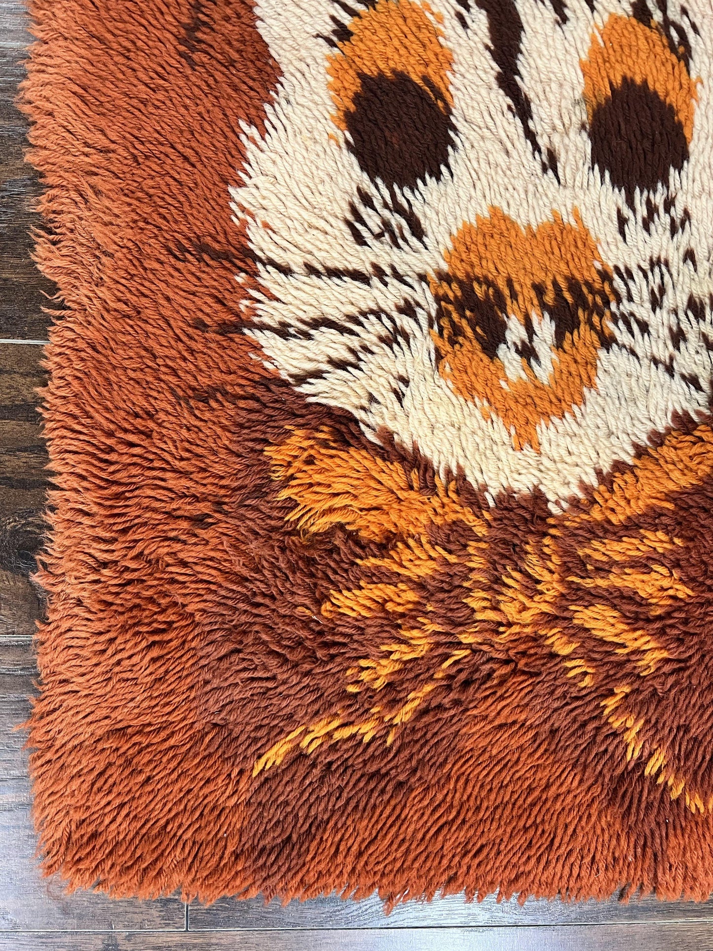 Rya Shag Rug 2x4, Rabbit in Top Hat, Wool, Orange, Vintage 1960s Danish Shag Rug