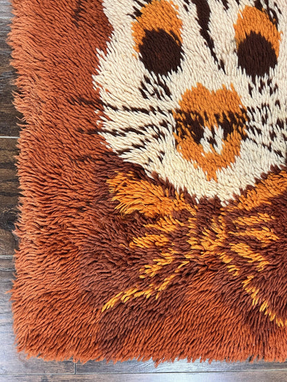 Rya Shag Rug 2x4, Rabbit in Top Hat, Wool, Orange, Vintage 1960s Danish Shag Rug
