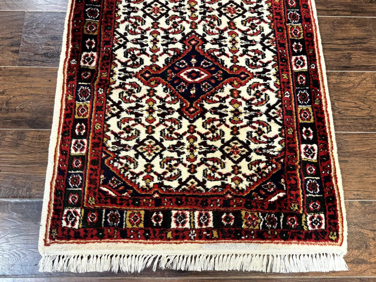 Indo Persian Bidjar Runner Rug 2.8 x 10, Vintage Rug for Hallway, 10ft Runner, Wool Handmade Ivory and Red, Medallions