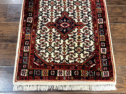 Indo Persian Bidjar Runner Rug 2.8 x 10, Vintage Rug for Hallway, 10ft Runner, Wool Handmade Ivory and Red, Medallions