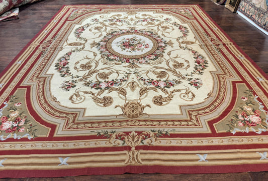 Elegant Aubusson Needlepoint Rug 9x11 Handmade Wool Flatweave Floral Cream