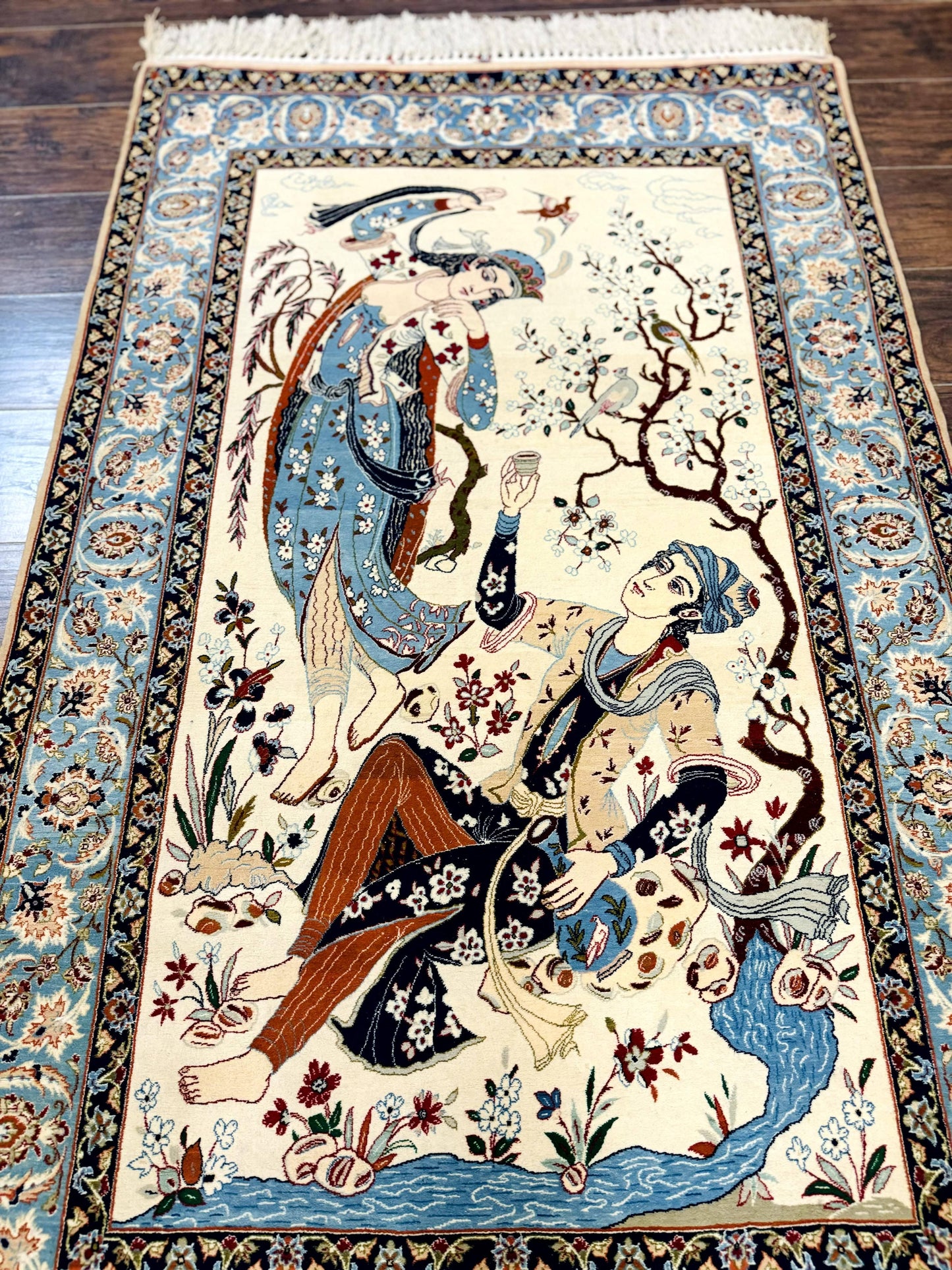 Persian Isfahan Pictorial Rug, Two Lovers, Kork Wool on Silk Foundation, Ivory and Light Blue, 500 KPSI Super Fine